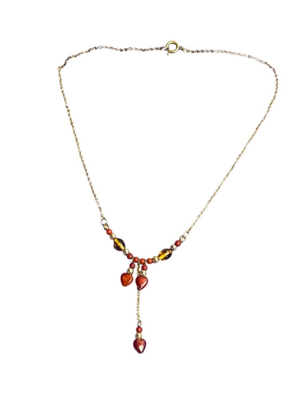 Dainty Goldtone Chain Necklace Orange Red Glass Beads Hearts Spring Ring Clasp